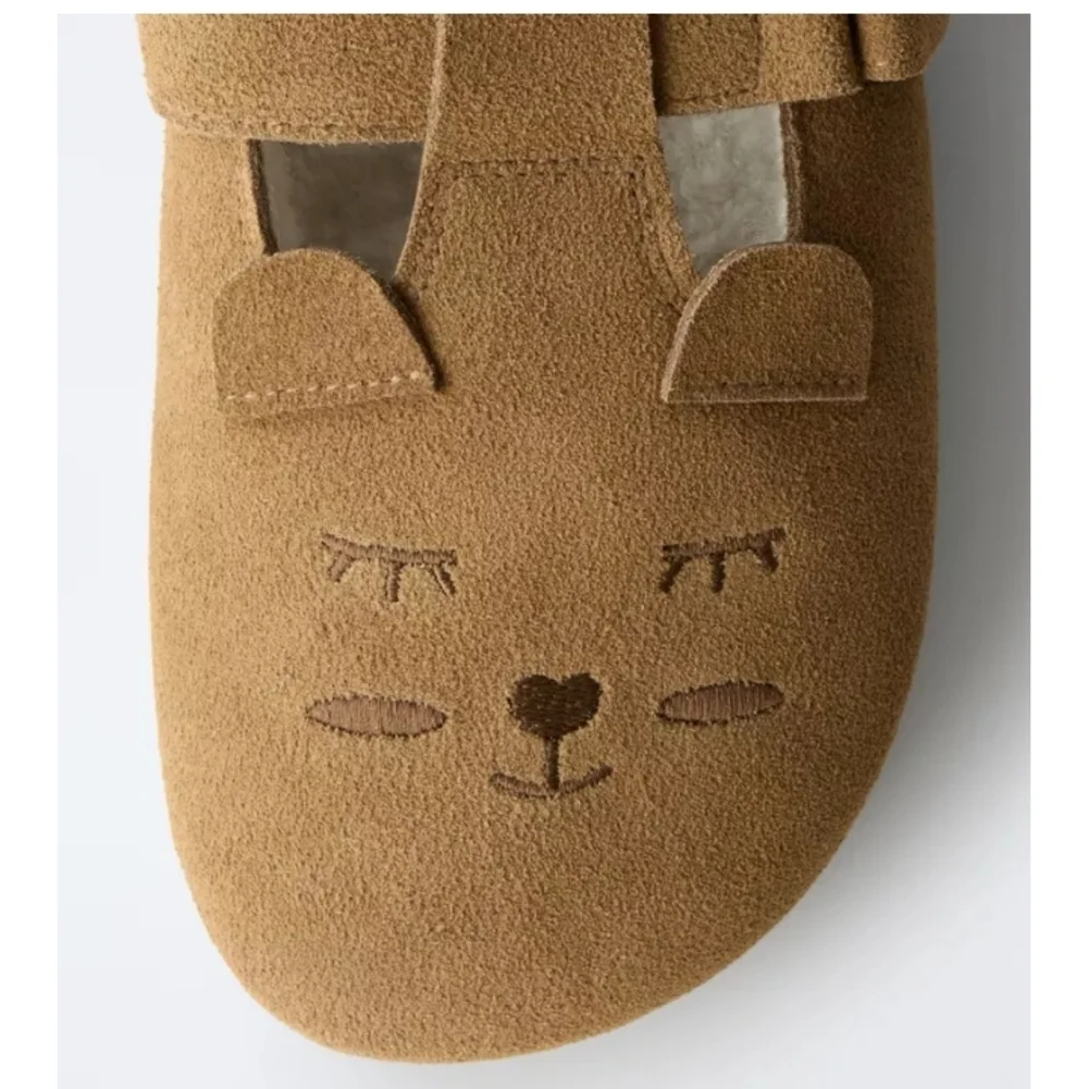 Zara Girls Tan Suede Leather Animal-Accent Sandals Clogs Sz-6